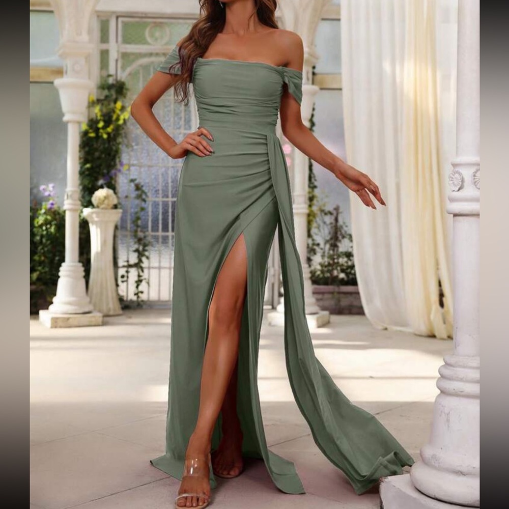 Luxe off shoulder draped hem slit thigh party formal prom wedding gown dress